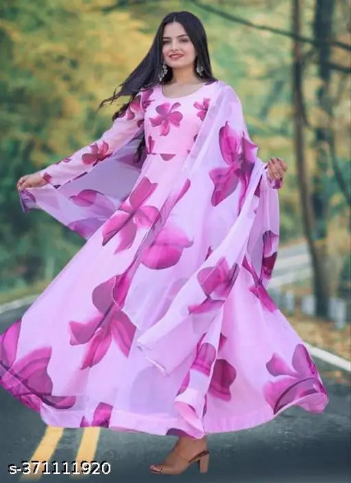 Purple Georgette women's gown with digital flower print, perfect for parties or weddings