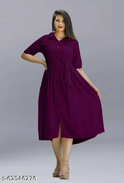 Women's heavy rayon wine color kurti, solid fabric with three-quarter sleeves and printed design, A-line style from India