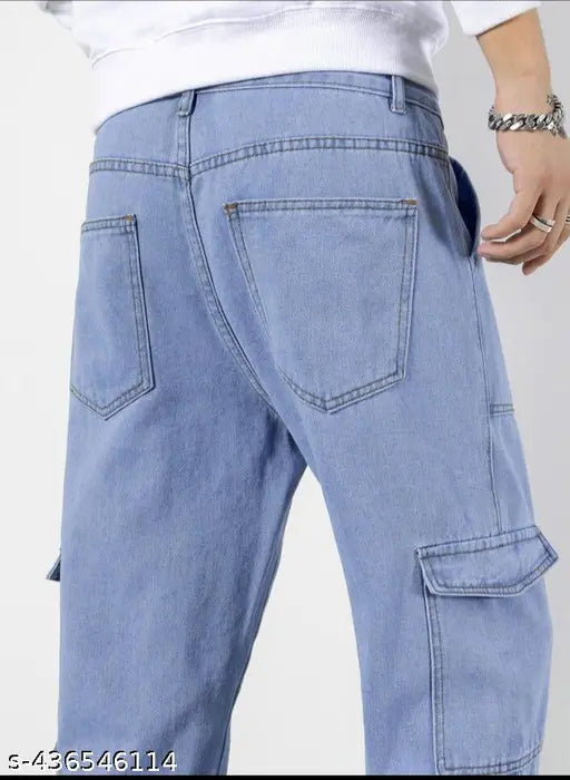 Light Blue Cotton Cargo Pants for Men, oversized style with various sizes available