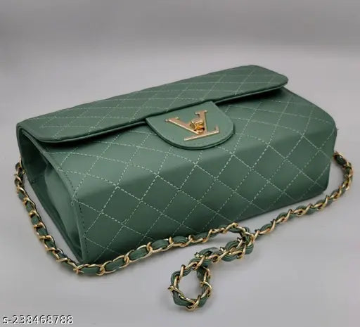 Black quilted PU leather sling bag with 2 compartments, free size (L7xW4xH10)