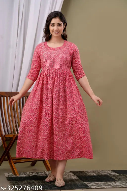 Pure cotton maternity gown, three-quarter sleeves, anarkali pattern. Hand-wash only, comfortable, elegant night dress for pregnancy. Floral & ethnic prints, fits post/pre-pregnancy bump, made in India