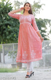 Organza embroidered women's anarkali kurti, floral print, Mandarin collar, three-quarter sleeves, India