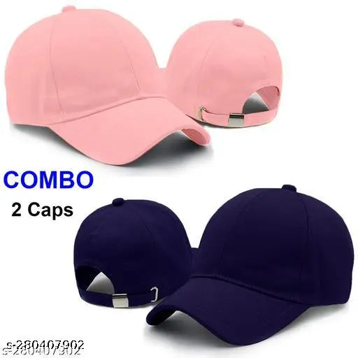 Cotton baseball caps combo: Self-design plain pink, blue, and black; adjustable and sweat-proof, ideal for summer; unisex and branded Phirsein caps (pack of 2)