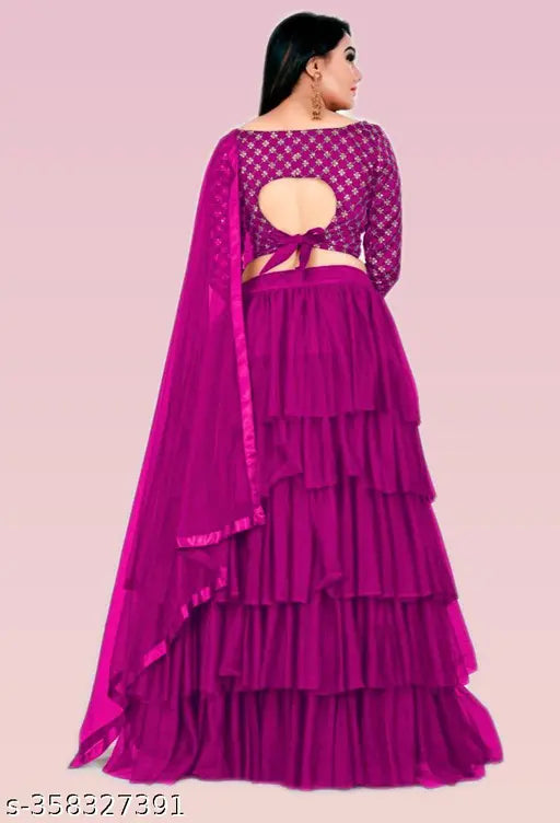 Silk blend ruffle fancy lehenga-choli with net dupatta, embroidered choli and solid dupatta, semi-stitched, alterable waist size up to 42 inches, Indian origin