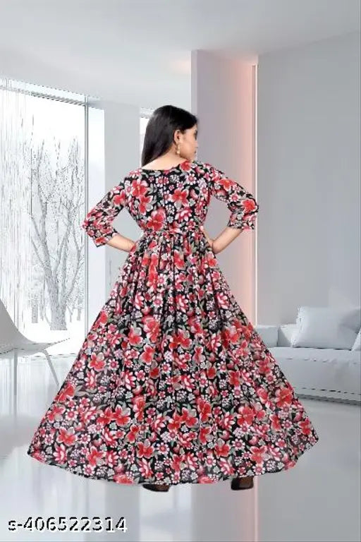 Cotton blend floral Georgette printed frock with three-quarter sleeves for summer fashion, suitable for kids aged 9-16 years