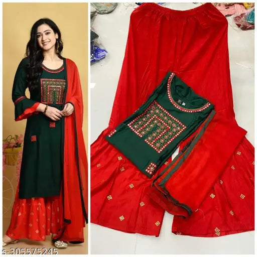 Rayon embroidered kurta set with sharara and dupatta, three-quarter sleeves, India origin