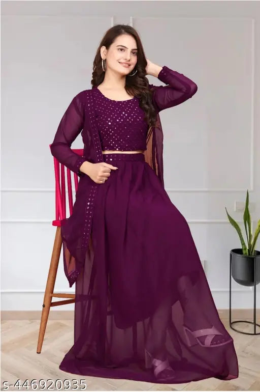 New Purple Georgette Lehenga-Choli Set with Long Shrug, Indo-Western wedding party wear, embroidery work, trending fancy dress for women's festivals