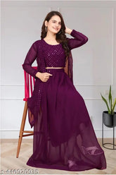 New Purple Georgette Lehenga-Choli Set with Long Shrug, Indo-Western wedding party wear, embroidery work, trending fancy dress for women's festivals