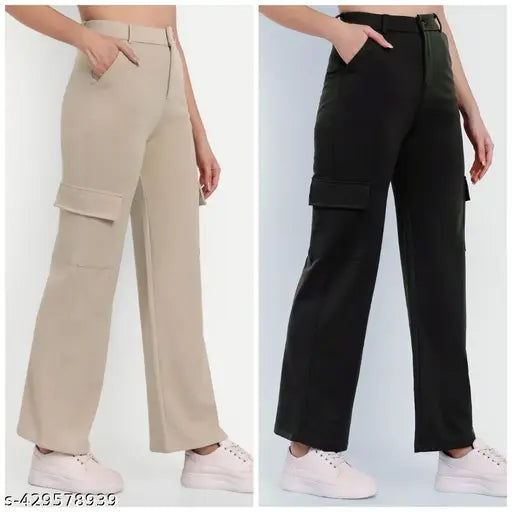 Solid cotton lycra high rise cargo pants, straight fit with slanted inset pocket and flap patch. Relaxed style for casual and formal wear, pack of 2 combo