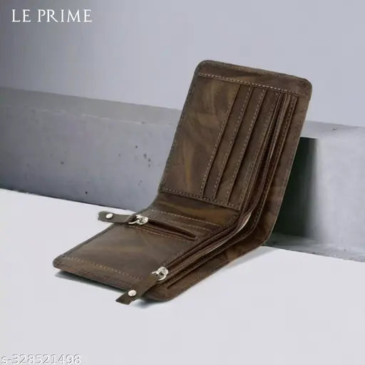 Brown faux leather bi-fold wallet, 6 card slots, modern men's accessory