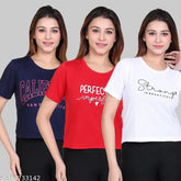 Women's cotton blend crop t-shirts trio: red, dark navy, white - India origin