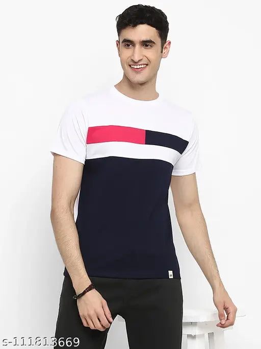 Colorblocked cotton T-shirt for men, short sleeves, breathable, stylish, versatile, country of origin: India