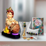 Krishna idol resin Lumba Rakhi set with combo gifts, features Roli Chawal, Rakhi card, and figurine for Rakshabandhan celebration