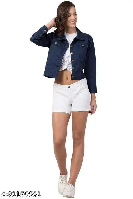 Solid denim long-sleeve women's jacket, size S. Made in India." (120 characters)