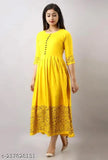Yellow printed flared kurta on woman, Rayon fabric with three-quarter sleeves, Indian women's fashion