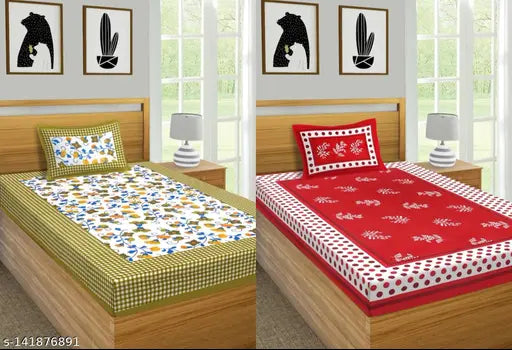 Jaipuri cotton botanical print single bed sheet combo pack, includes 2 bedsheets and 2 pillow covers for summer. Ideal for adults. Made in India