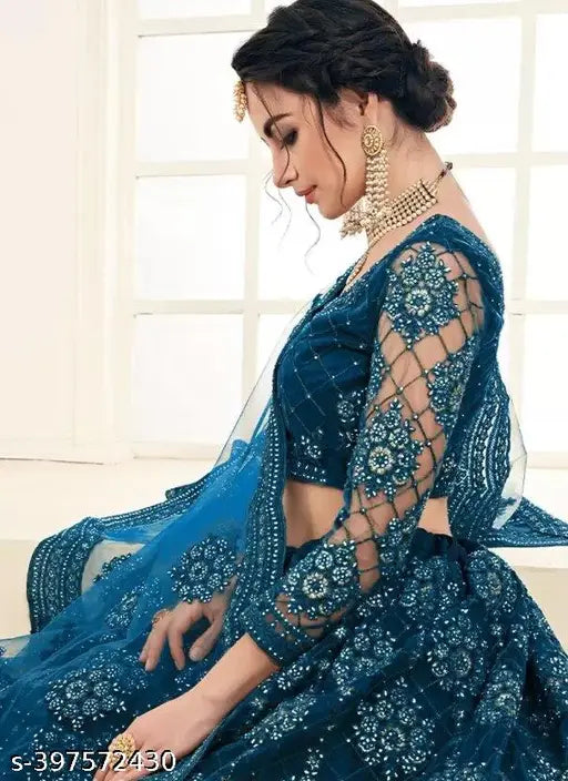 Embroidered net lehenga set, free size, Indian trending fashion with choli and dupatta