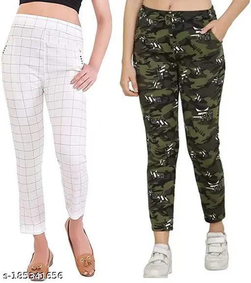 Stretchable cotton blend checked jeggings combo - Girl's workout & casual wear, soft & comfortable, size 28/30/32