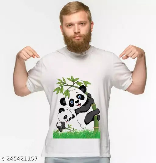 Panda-printed cotton blend round neck white T-shirt for men, perfect for summertime wear