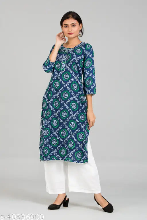 Printed rayon kurta set with palazzos for women, three-quarter sleeves, Indian fashion on model
