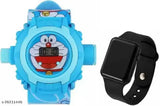 Blue Doremon combo set of 2 projector smart watches for kids, digital LED square design on silicon strap