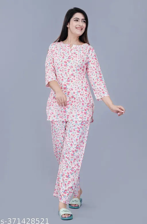 Rayon printed pyjamas set in natural colors, V-cut notched collar, half sleeve, premium fabric by Indian artisans