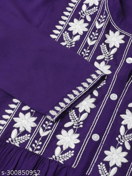 Violet sequin embroidered viscose rayon kurti with three-quarter sleeves, chikankari pattern, ideal for occasions, quality Indian craftsmanship