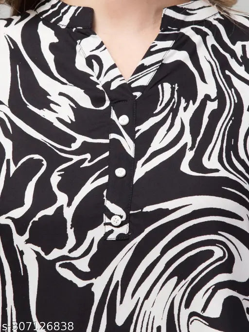 Black & White rayon printed top with palazzo set for women, features three-quarter sleeves, lightweight fabric, machine washable, variety of sizes available