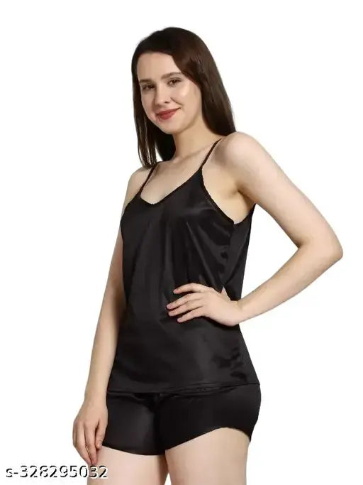 Satin Women's Night Suit top & shorts set, sleeveless spaghetti style & shorts in solid net pattern, perfect for bedroom or special nights, made by Nightdoll Brand - Indian origin