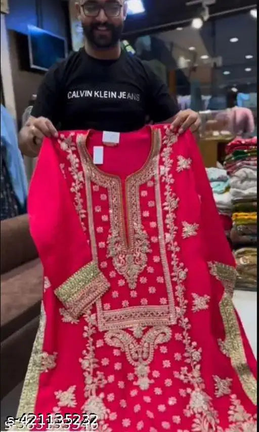 Heavy faux Georgette Kurta set with dupatta and bottomwear, printed Indian fashion for women, three-quarter sleeves on display