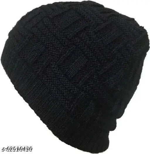 Black wool checked beanie cap, stylish unisex winter accessory from India
