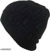 Stylish black wool beanie cap, checked pattern, unisex winter accessory from India