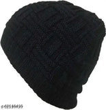 Black wool checked beanie cap, stylish unisex winter accessory from India