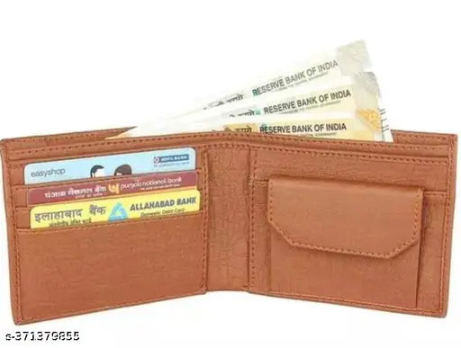 Solid faux leather bifold wallet for men, compact design with ID window and coin pocket, trendy accessory from India