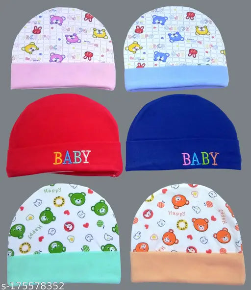 Multicolor printed cotton net caps for babies, pack of 6, suitable for daily wear up to 12 months, Indian origin