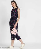 Crepe sleeveless printed net jumpsuit for women & girls, Indian-made fashion wear on model