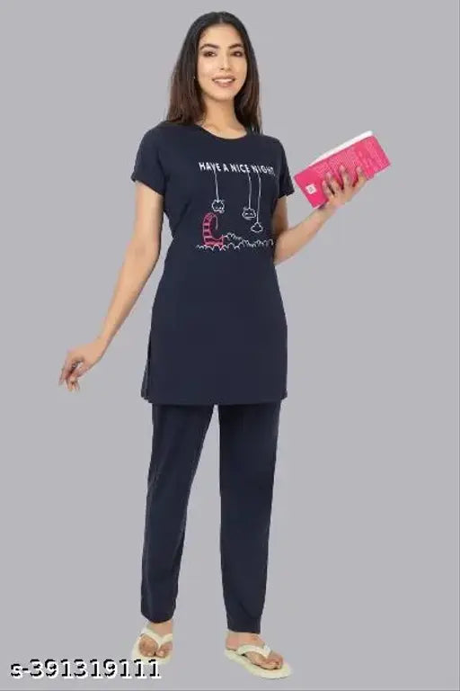 Trending navy cotton night suit with beautiful print for women, premium quality cotton pyjamas
