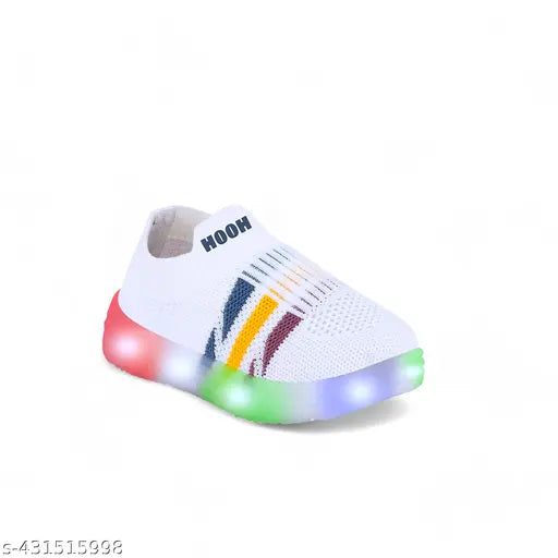 Stylish canvas and rubber slip-on sneakers for kids, waterproof, lightweight, attractive, and suitable for indoor/outdoor play. White LED lighting design ideal for night outings. Perfect fit for infants to 7-year-old boys and girls. Unisex casual knitted shoes from high-quality breathable cotton blend material. Made in India