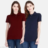 Navy blue cotton t-shirts (pack of 2) for women, solid design, short sleeves, sizes L, XL, XXL