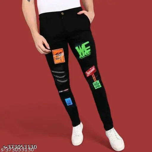 Men's black slim fit jeans, cotton blend, placement print. Modern style, lightweight, stretchable, breathable. Available in sizes 26, 28, 30 (waist: 26in, 28in, 30in; length: 39in). Origin: India