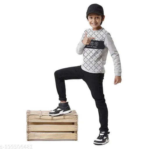 Cotton blend kids sweatshirt with printed net pattern, long sleeves, sizes from 3-4 years to 13-14 years. Made in India." (118 characters)