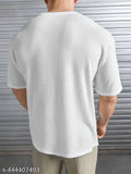 White cotton blend oversized round neck short sleeve patched waffle knit T-shirt, suitable for boys and men. Soft, comfortable, and breathable. Perfect for daily wear, leisure time, or going out. Machine washable. Made in India