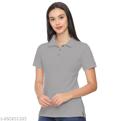 Grey cotton blend polo neck half-sleeve shirt, stylish and trendy for women's office or casual wear