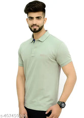 Solid cotton blend polo neck T-shirt for men, short sleeves, India origin