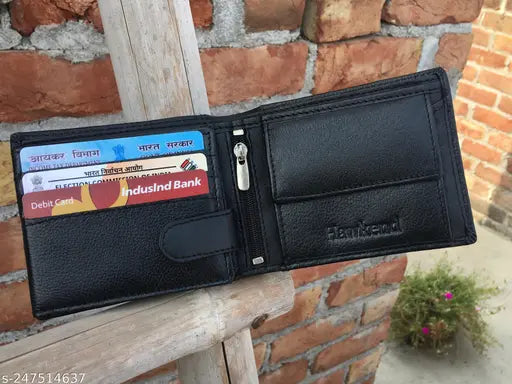 Black chain leather men's wallet with 10 card slots, premium Napa leather, RFID blocking, durable design, ideal for gifting