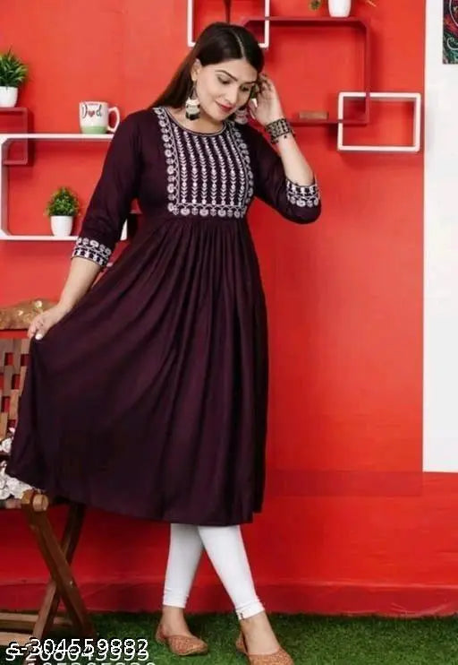 Rayon Anarkali gown with trendy gaithering embroidery, three-quarter sleeves