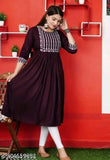 Rayon Anarkali gown with trendy gaithering embroidery, three-quarter sleeves