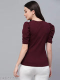 Maroon poly knit smart casual top, short sleeves, solid pattern - Style Quotient Women's flattering fit, India