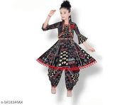 Stylish kids ethnic wear in cotton blend, printed anarkali dhoti pants with short sleeves. Indian clothing for children aged 12 months to 10 years