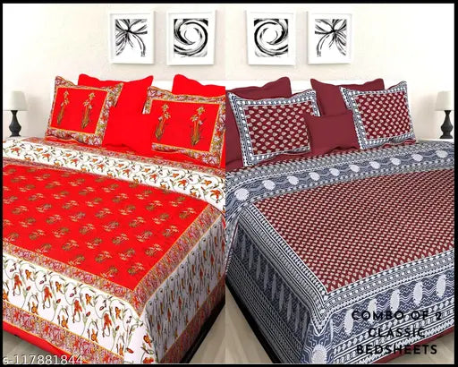 Multicolor combo cotton floral flat sheets for adult summer use, featuring 4 pillow covers. India-made Jaipur cotton double bed sheet combo pack